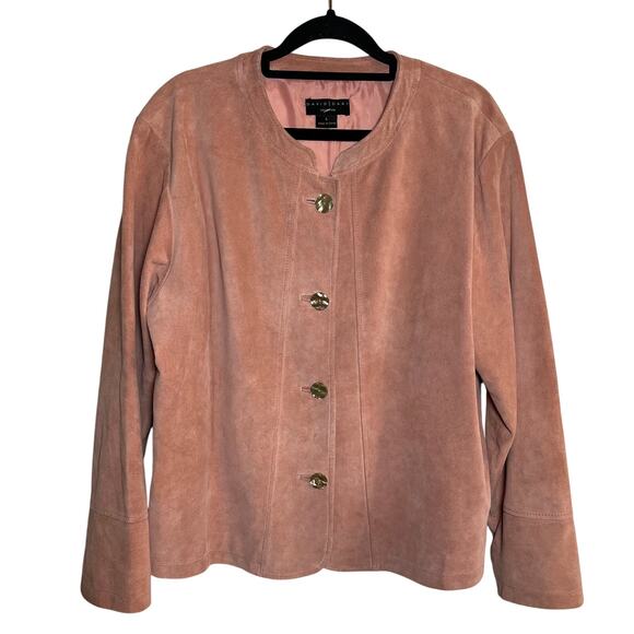 Vintage Pink Suede Genuine Leather Jacket Pearl Button Size Large Glam Chic Fall - Picture 1 of 8